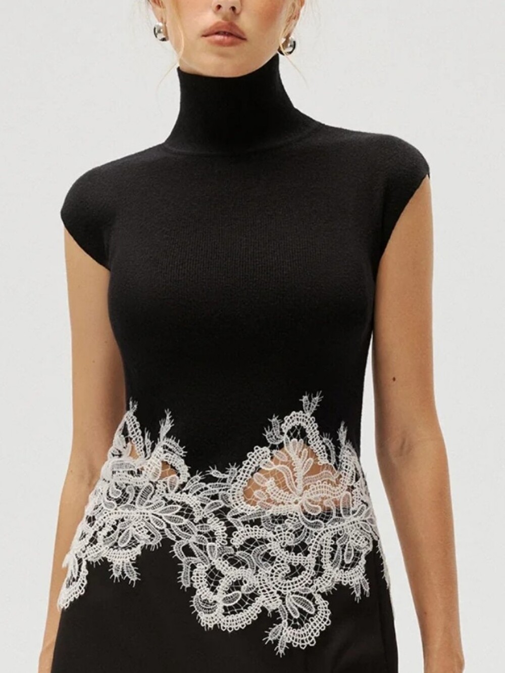 Commense NEW Black White Contrast Lace Panel Mock Neck Sweater Vest SZ Large